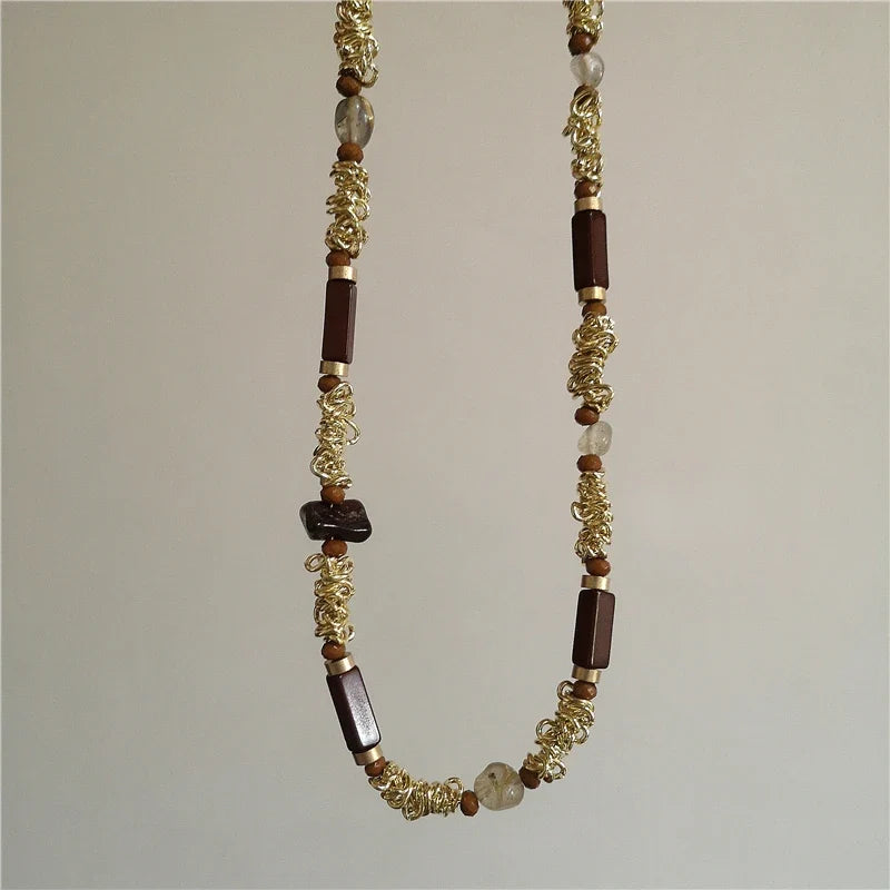 Vintage Leather Brown Stone Sun Pendant Beaded Choker Clavicle Chain Necklace For Women Unique Y2K Personalized Grunge Jewelry