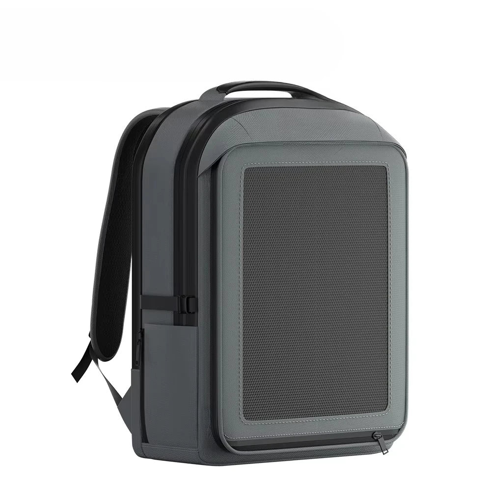 Custom waterproof solar backpack with 30W solar panel, capacity 20-35L, USB-A+C output, suitable for hiking, camping, traveling