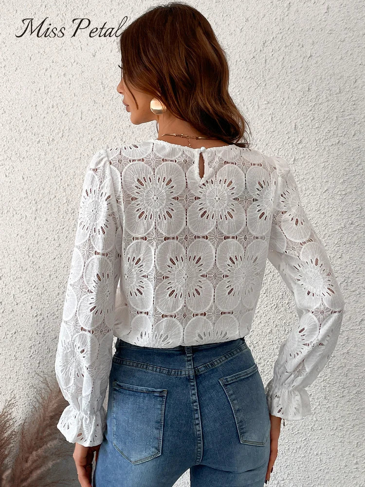 White Floral Eyelet Embroidery Blouse Top For Women Casual O-neck Long Sleeve T-shirt 2023 Spring Autumn Tee Shirts Streetwear