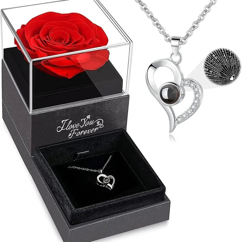 Preserved Red Rose with I Love You Necklace, for Women, Mom, Wife,Christmas Valentines Day Mothers Day Anniversary Birthday Gift