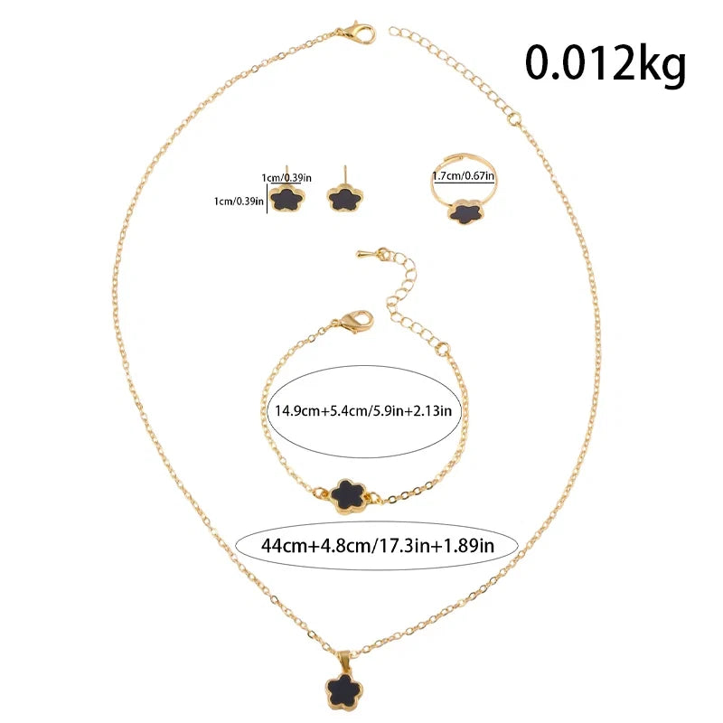Four-Leaf Clover Five-Piece Jewelry Set, Black Gold Light Luxury Necklace, Earrings, Bracelet, Ring Set, Fashionable and Elegant Women's Jewelry, Popular Accessories