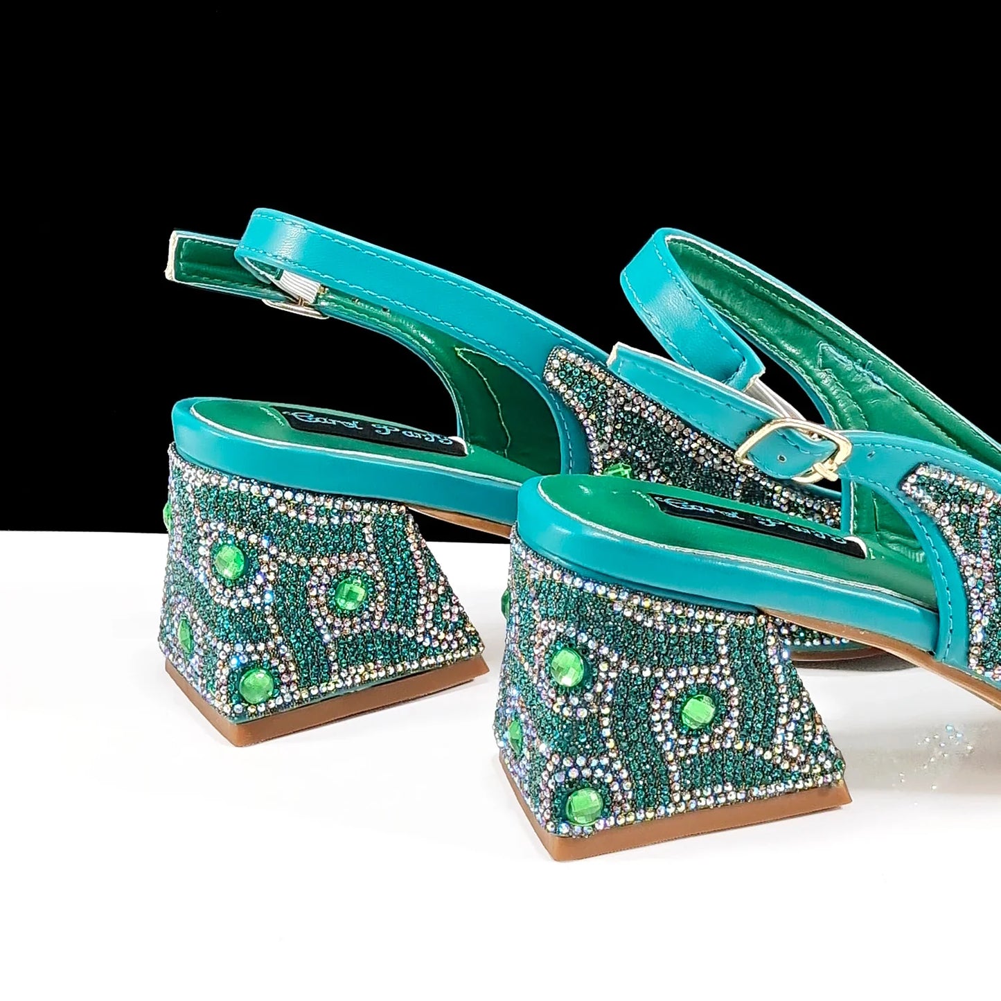 QSGFC 2024 Rhinestone Design INS Hot Sale New Arrivals African Shoes and Bag Set in Green Color Open Toe Comfortable Women Heels