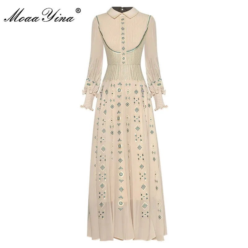 MoaaYina Fashion Designer Spring dress Women's Dress Turn-down Collar Lantern Long Sleeve Flower Embroidery Dresses