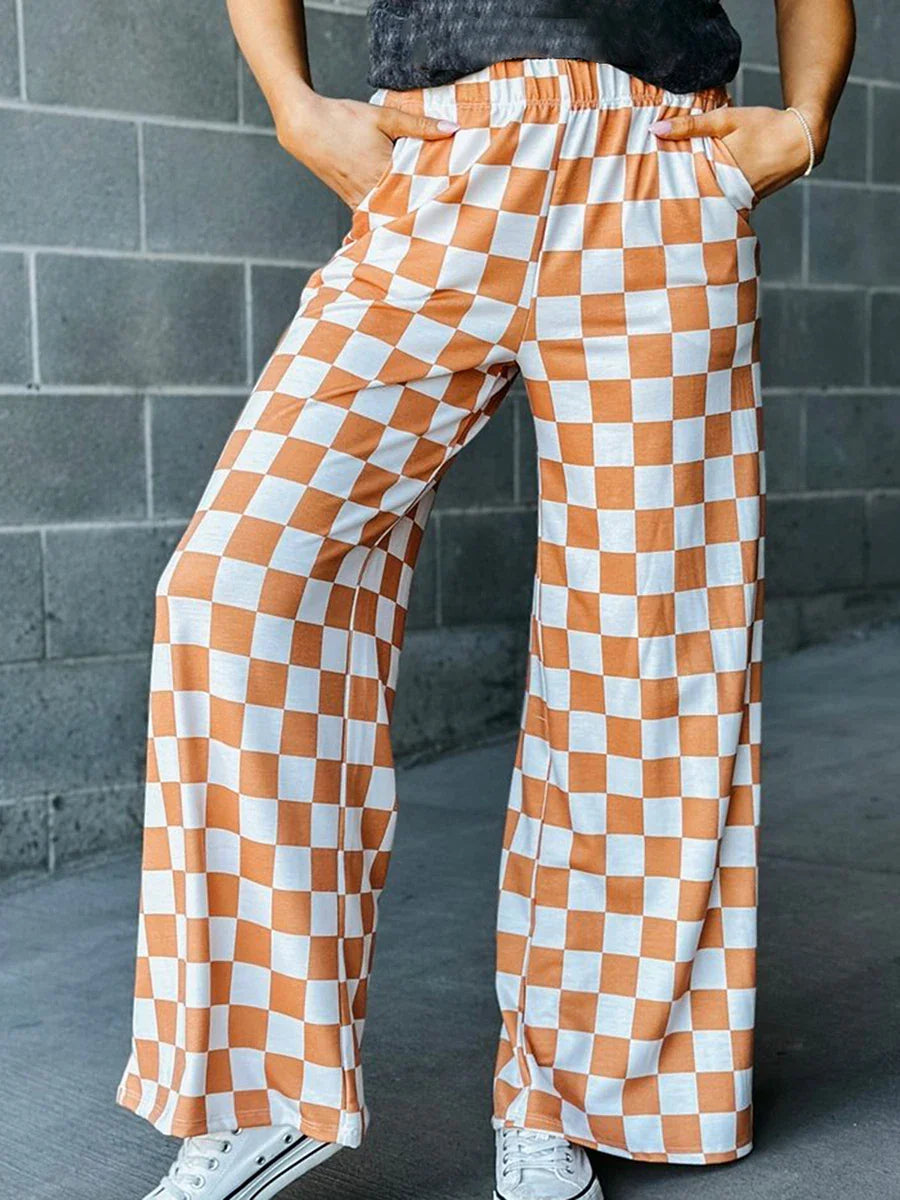 Womens Checkered Wide Leg Pants High Elastic Waisted Straight Loose Fitted LoungeTrouser Y2k Korean Streetwear