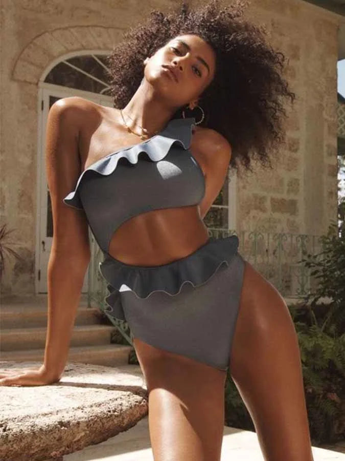 Women's Printed Ruffle Swimsuit Fashion One Shoulder Slash Breasted Bikini Two Piece High Waisted Tummy Tuck Beachwear 2024 New