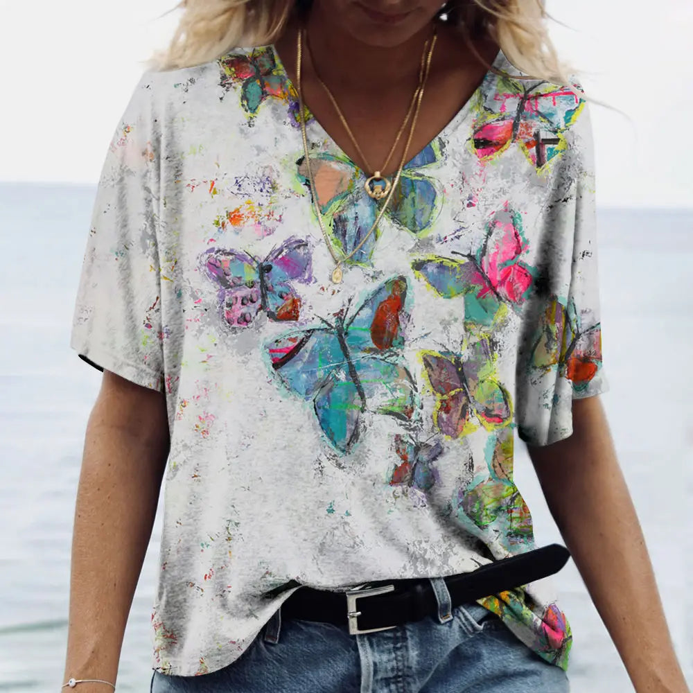 Women's T-shirts Fashion Tops V-neck Colorful Butterfly T Shirt Female Short Flowers Print Casual Tees Summer Oversized Clothes