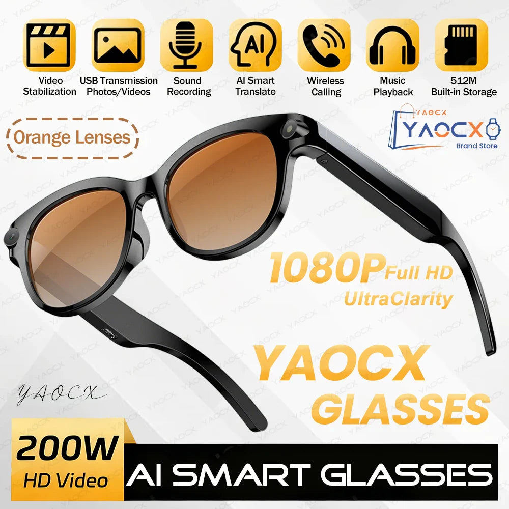 2026 AI Smart Glasses, 200W HD Camera, 1080P Translation, AI Voice Assistant, Music Playback, LED Flashlight Men Women Smart Glasses.