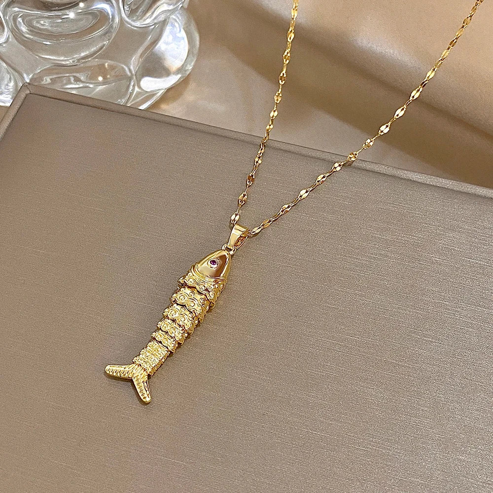 18K Gold Plated Stainless Steel Fish Pendant Necklace for Women