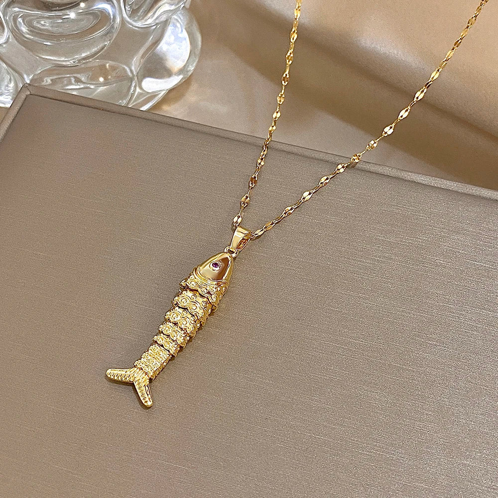 18K Gold Plated Stainless Steel Fish Pendant Necklace for Women