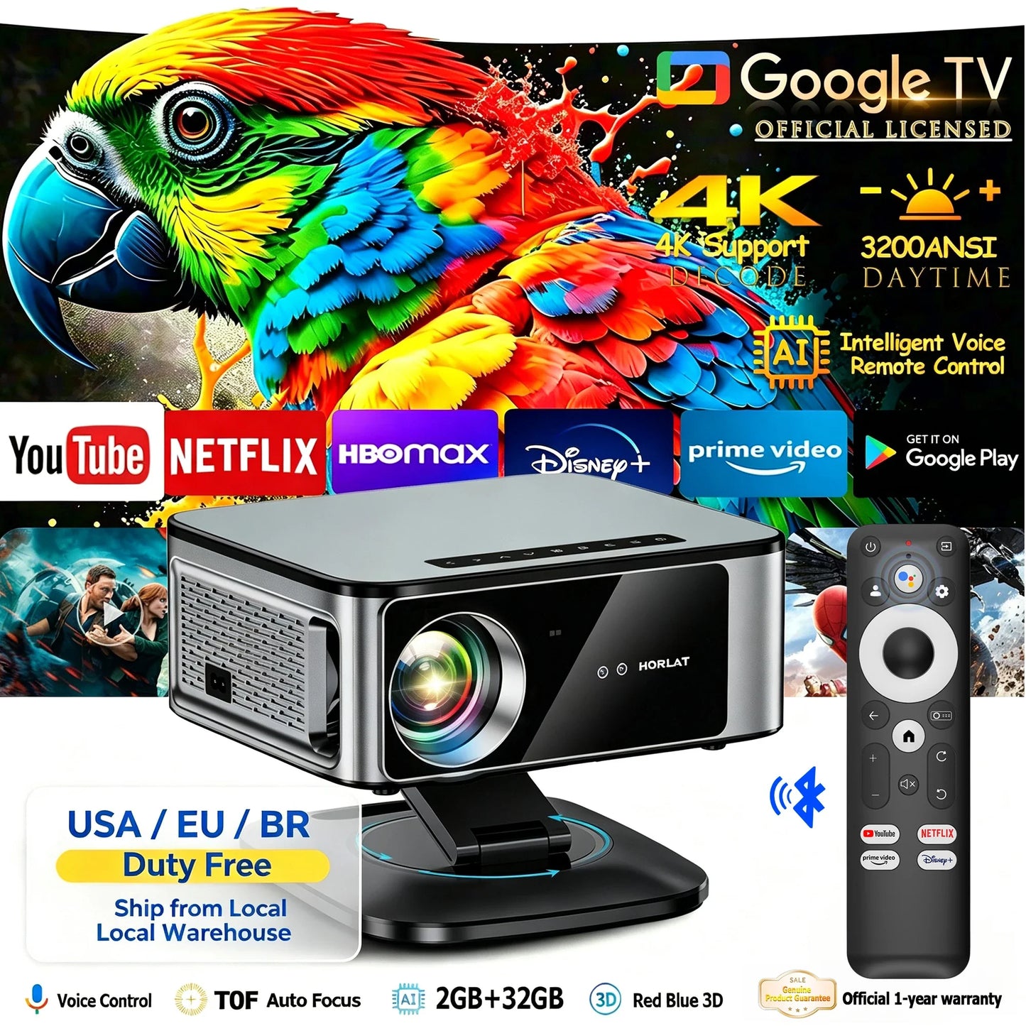 HORLAT 3200Ansi Lumens 4K Full HD Projector T10ULTRA 2G 32G Home Theater WiFi Android 14 Portable Smart TV Cinema Beam Projector