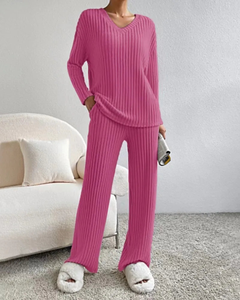 Women's Pajamas Home Wear Autumn Winter Casual Straight Pants Rib Pullover Sleepwear Loose V Neck Knitted Two Piece Loungewear