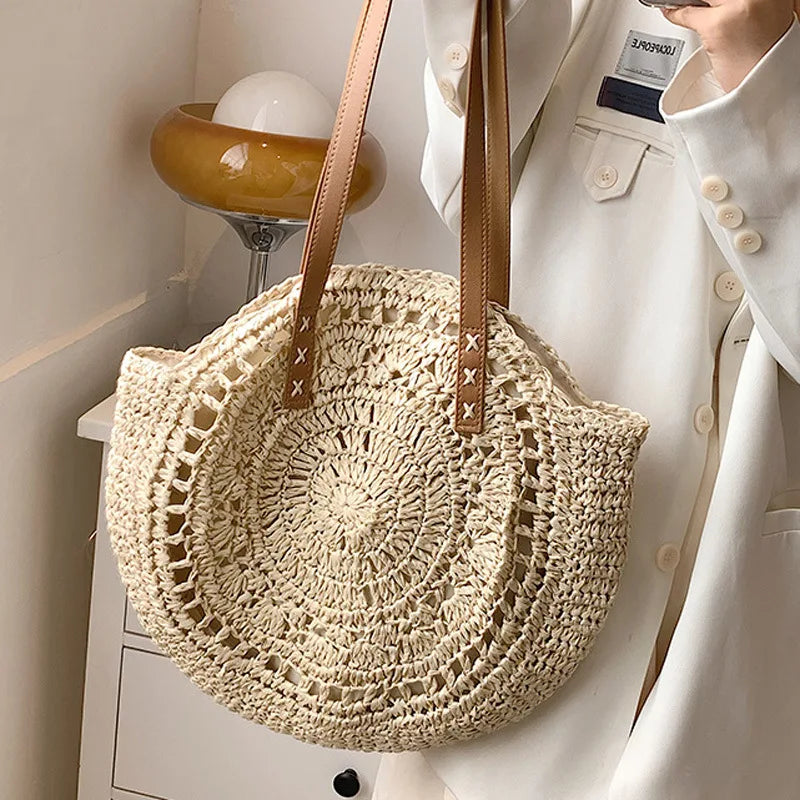 Round Straw Beach Bag Vintage Handmade Woven Shoulder Bag Raffia circle Rattan bags Bohemian Summer Vacation Casual Bags