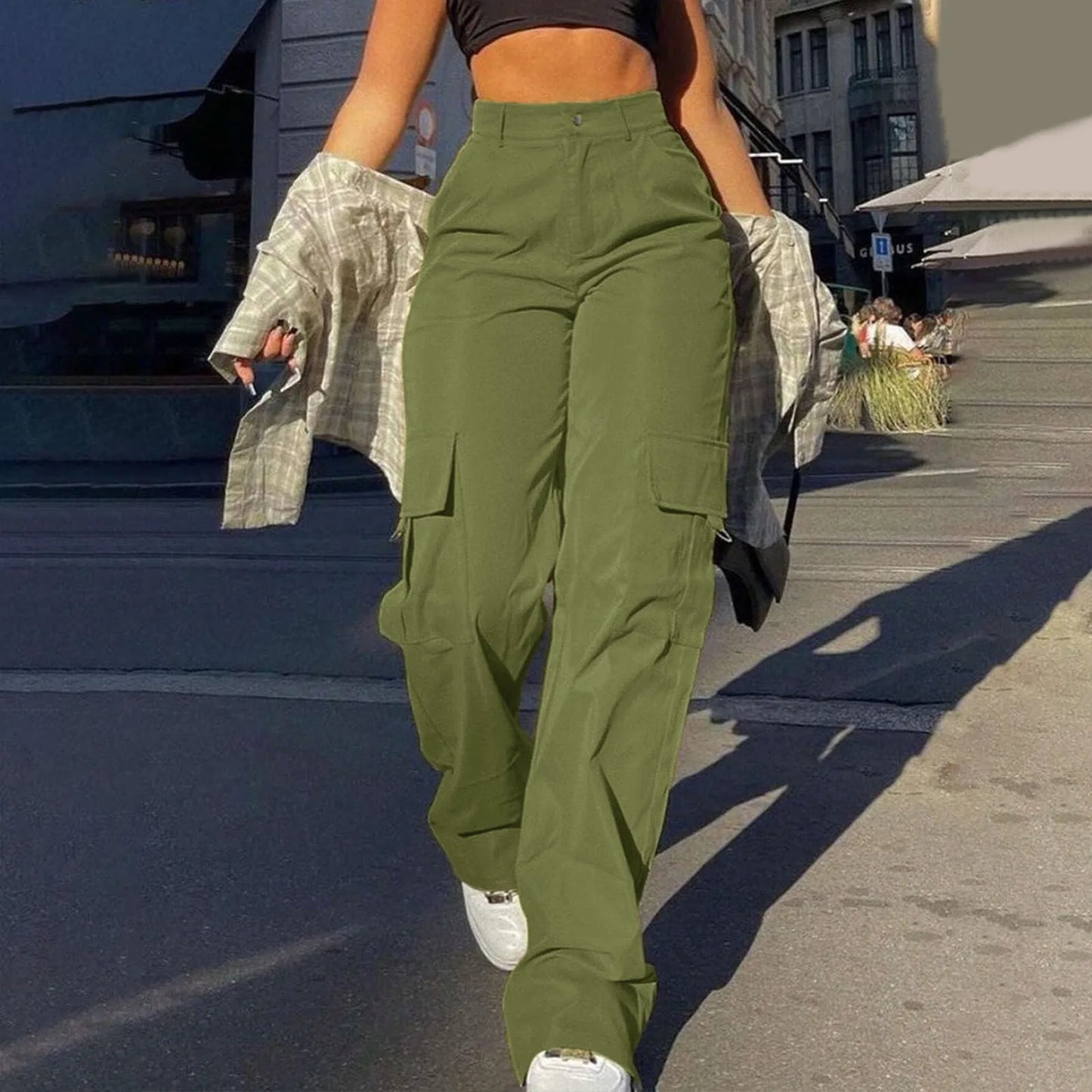 Ladies' Street Fashion Multi Pocket Cargo Pants Summer Solid Color Straight Leg Pants High Waist Slimming Loose Fit Cargo Pants