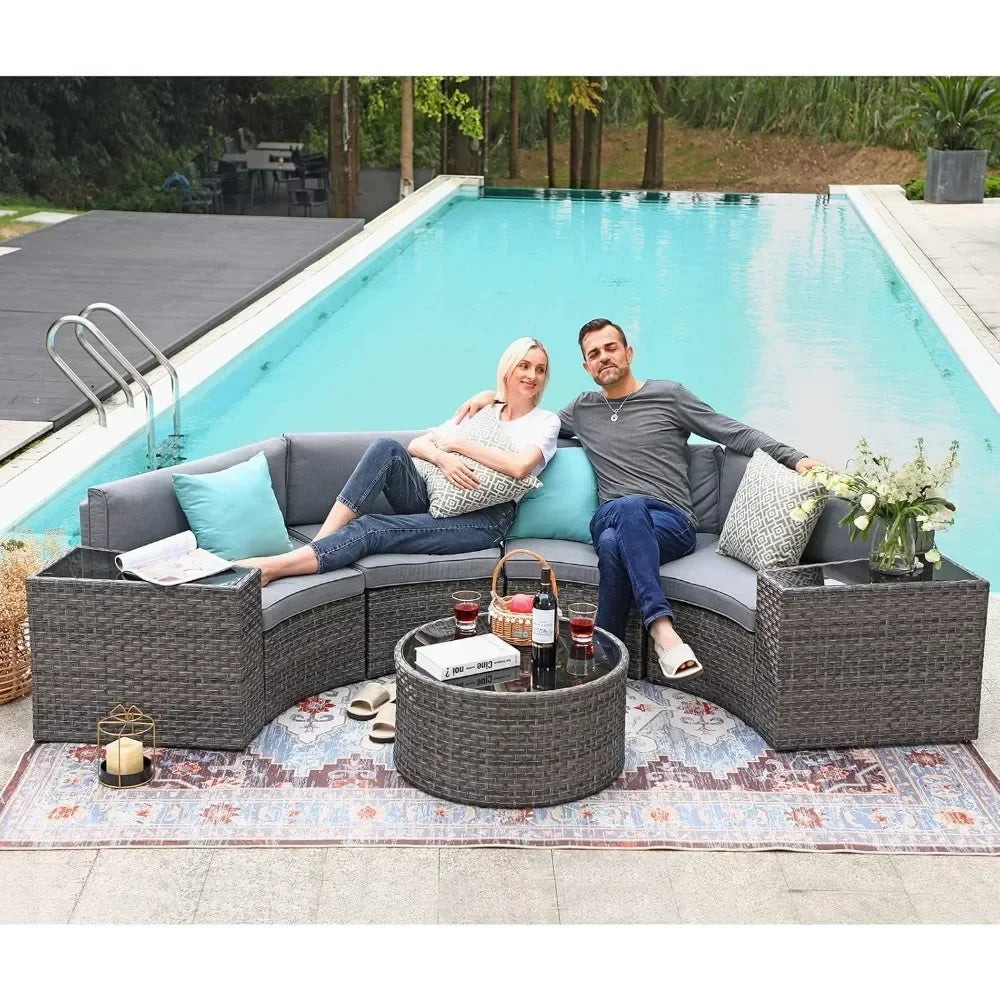 Outdoor Patio Furniture Sectional 7-Piece Half-Moon Curved Outdoor Sofa Set with Round Coffee Table,4 Pillows & Waterproof Cover