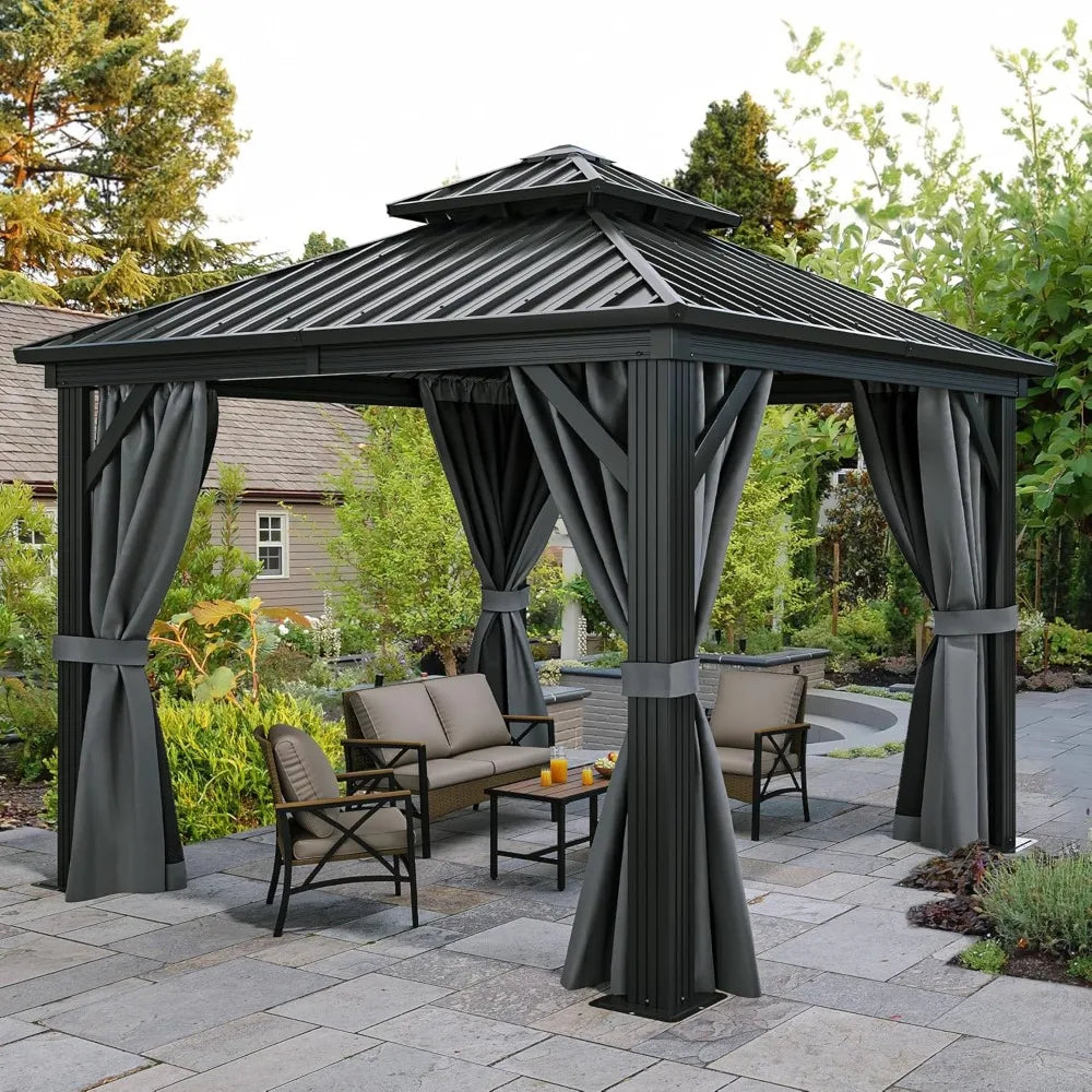 10x10ft Hardtop Gazebo, Nettings and Curtains, Heavy Duty Double Roof Galvanized Steel Outdoor Combined of Vertical Stripes Roof