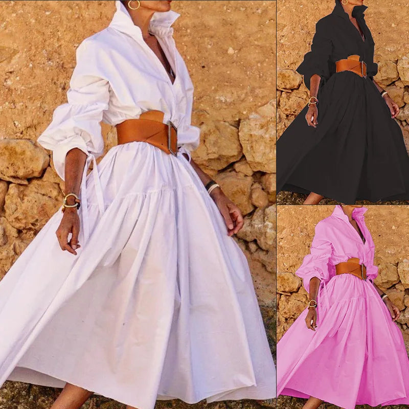 2024 Autumn New Women's Clothing Solid Color Fashionable Temperament Long Sleeved Sleeve Lace Up Casual Mid Length Lapel Dress