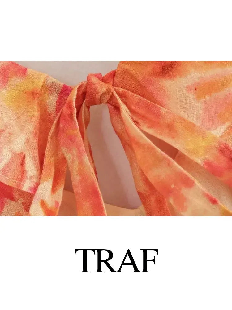 TRAF Summer Fashion Women Sexy V-neck Sleeveless Backless Orange Dress Ruffle Printed Hollow Out Women's Long Dresses For Beach