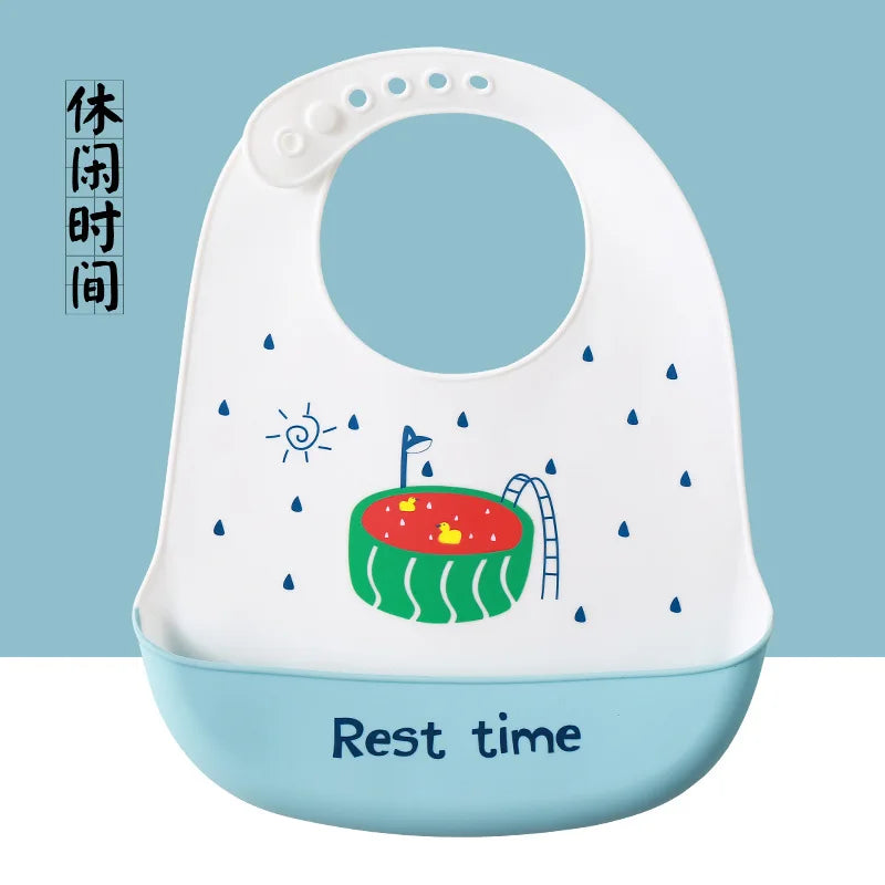 Cute Baby Bibs Waterproof Silicone Bib Infant Toddler Feeding Saliva Towel Cartoon Adjustable Children Apron with Pocket Scarf