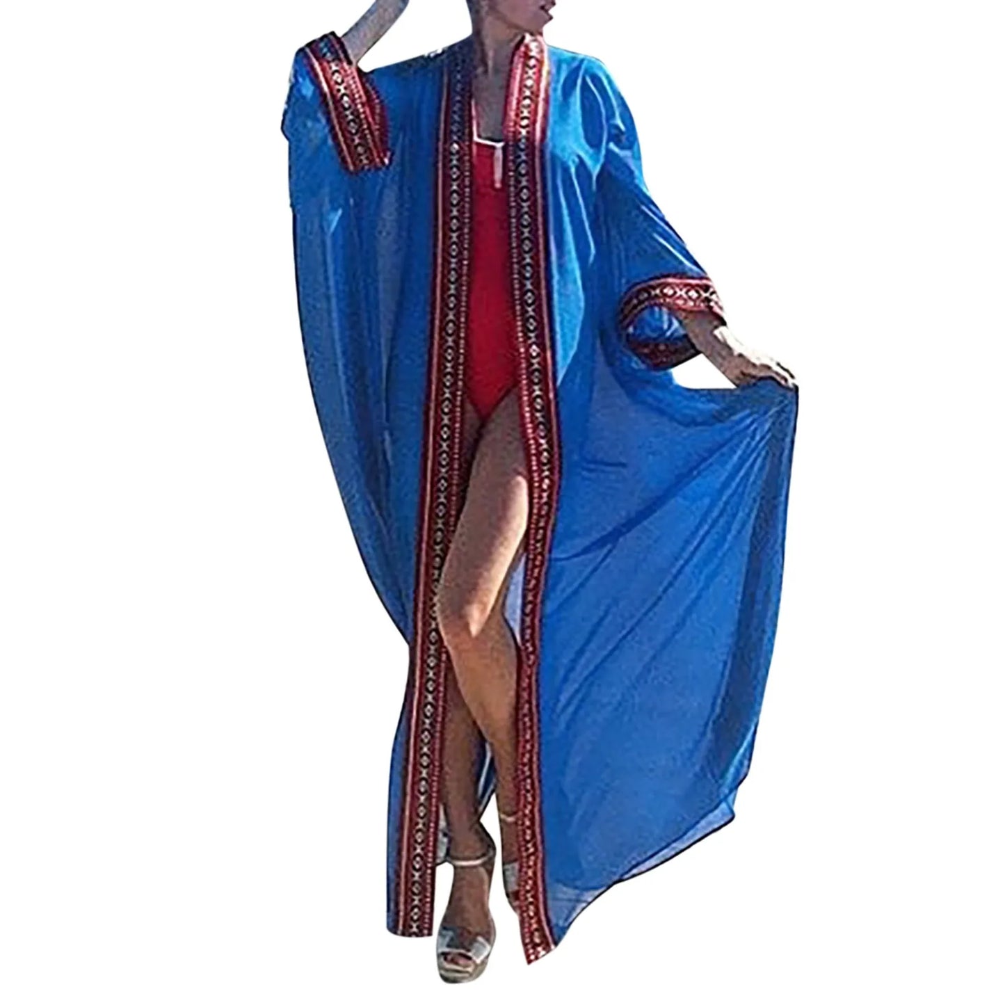 White Chiffon Long Maxi Kimono Cardigan Women Beach Cover Up Embroidery Edge with Belt Tunica Kaftans Femininos Beachwear 2024