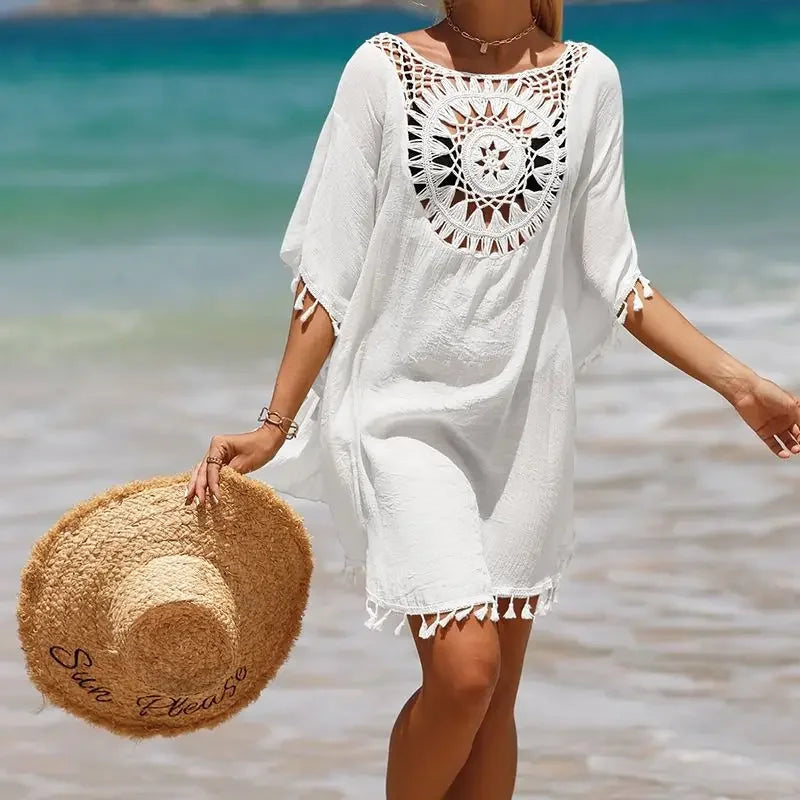 Women Casual Bohemian Holiday Outfits Beachwear Bikini Cover Up Summer Solid Color Hollow Out Beach Dress