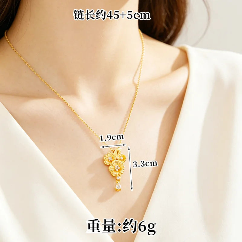 Low Key Luxury Jewelry Set For Women 24K Gold AU999 Matte soft luster highlights layered embossed diamond blooming flower