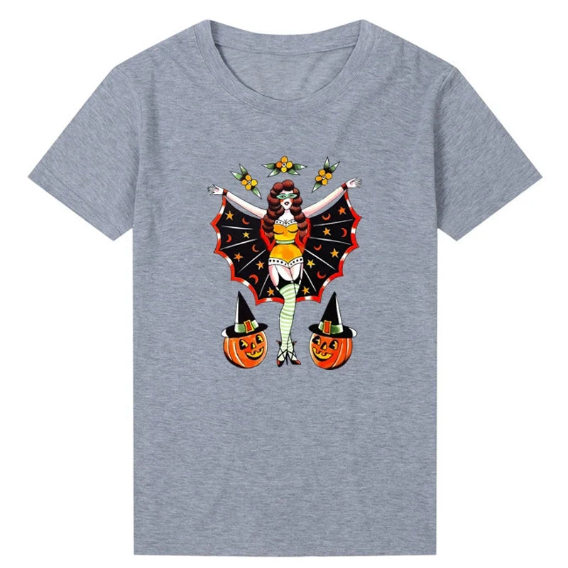 2024 Funny Pumpkin Face Floral Sexy Ladies T Shirt Women  Halloween Clothes Fall Festival T-shirt WomenTop