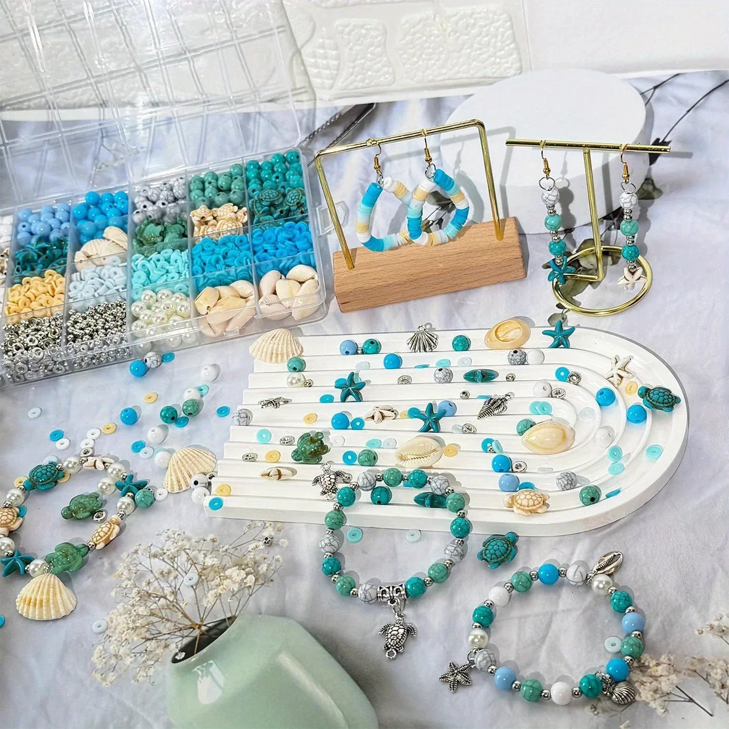1860pcs Sea Blue and White Beads Paired with Sea Turtle and Starfish