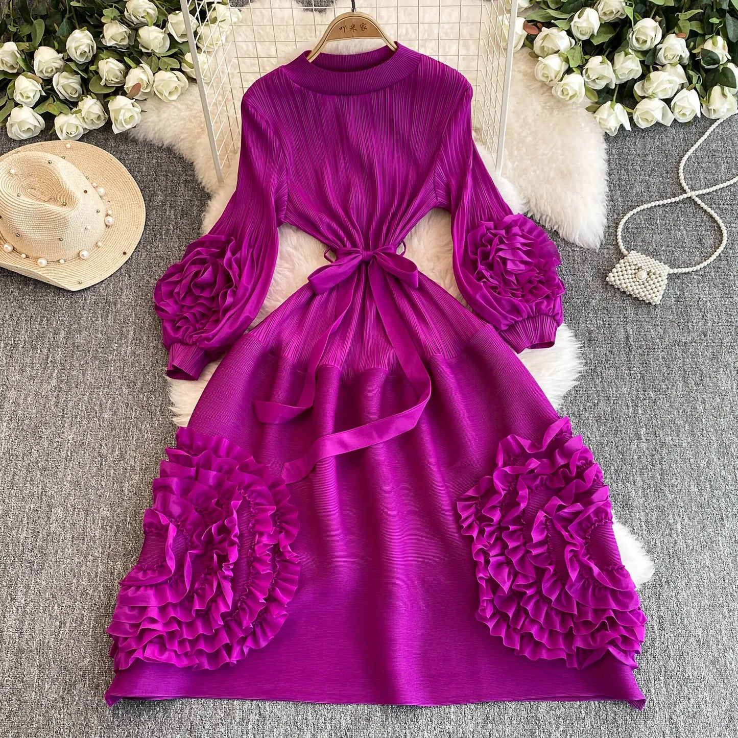 XFPV Women's Pleated Lace Elegant Temperament Lace Up Puff Sleeves High Waisted Dress Vestidos Y2k Fashion Spring Autumn 2024