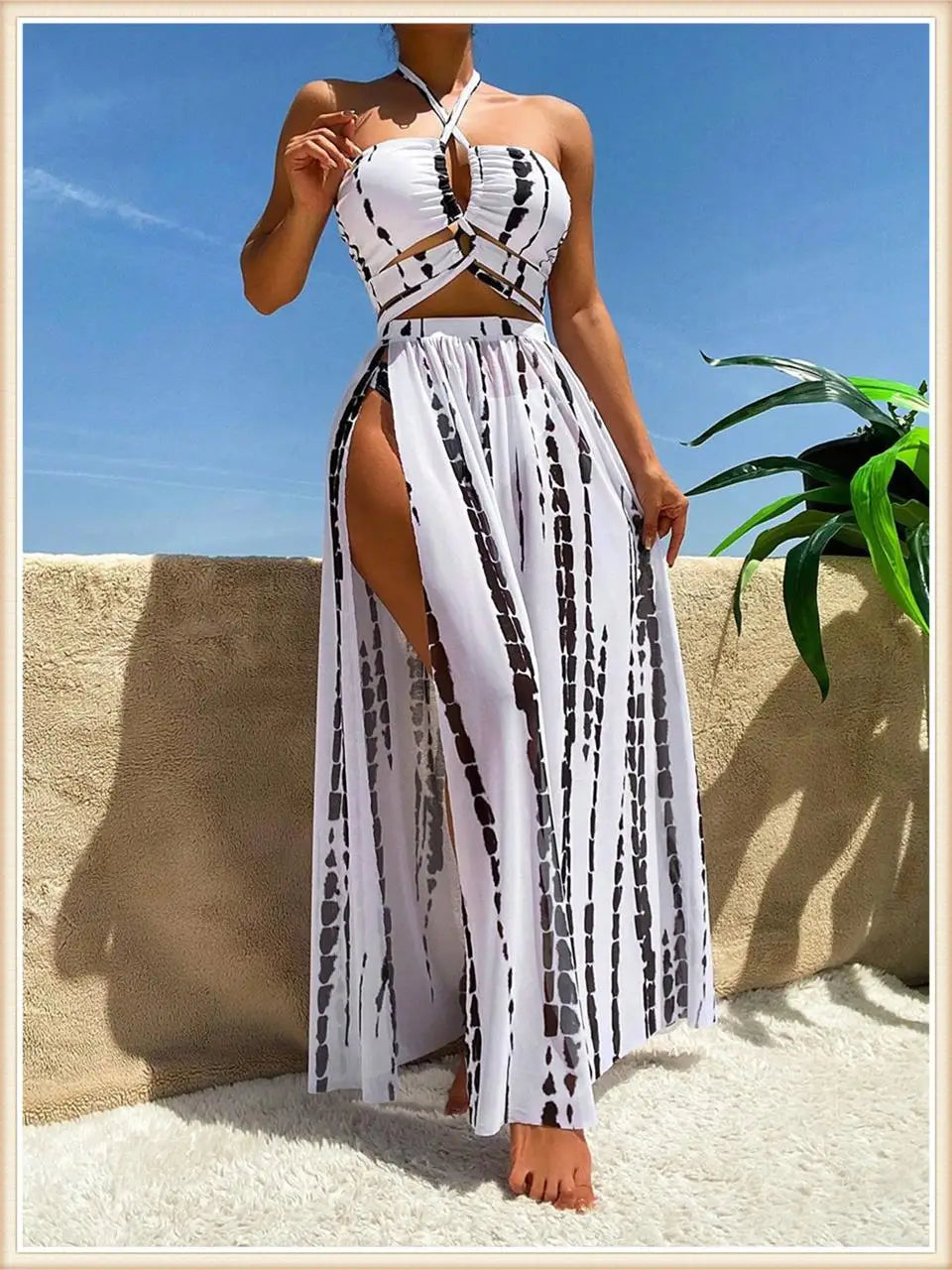 3 Pieces Tie Dye Cross Bikini 2025 Women Sexy Halter Swimsuit & Cover Up Pants Swimwear Bathers Bathing Swimming Suit Beachwear