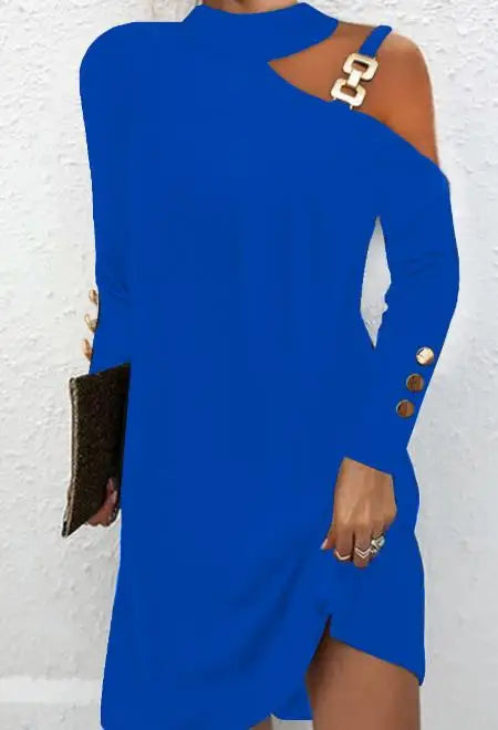 Women's Dress Long Sleeve Shift Dress Autumn 2023 Elegant Simple Metal Buckle Halter Neck Button Dress Women's Work Mini Dress