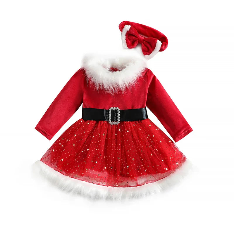 0-5Y Toddler Baby Girl Christmas Dress Long Sleeve Santa Claus Red Tulle Dress for Girls Xmas Party Princess Dress Outfit