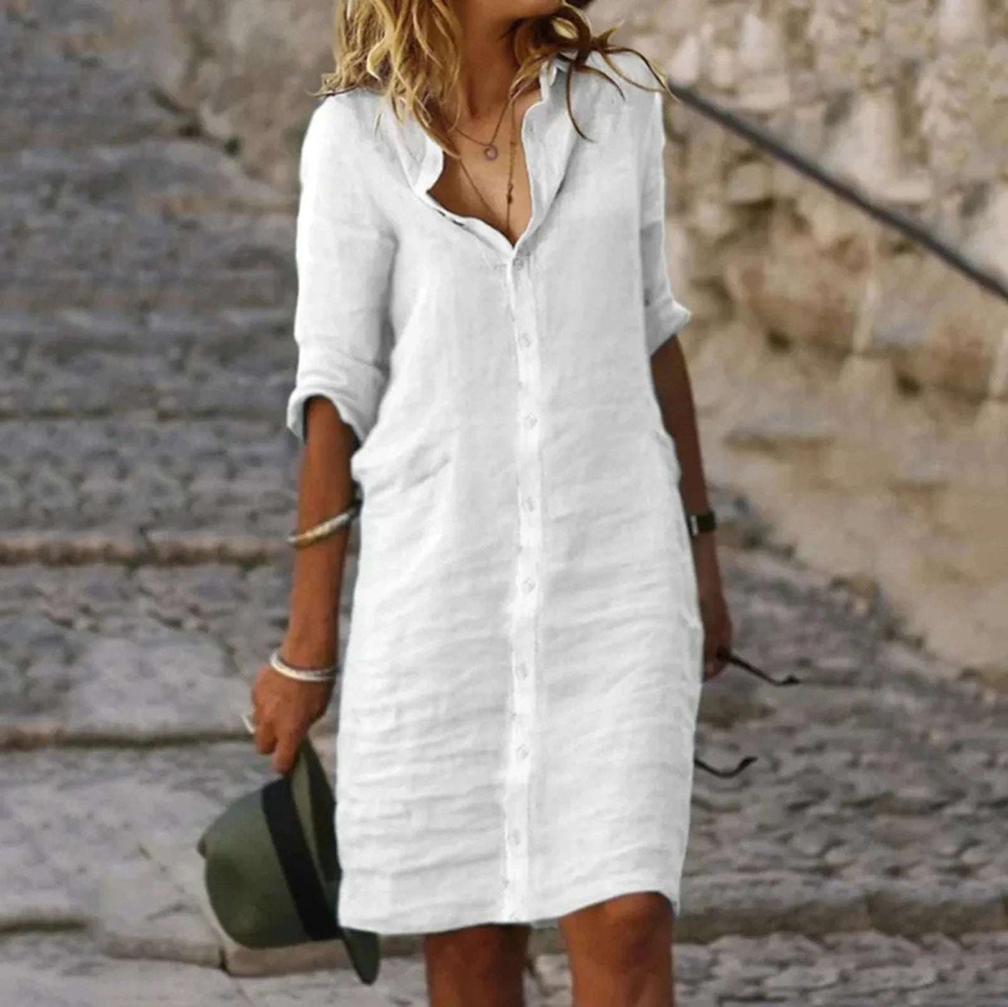 Summer Cotton Linen Shirt Dress Women Button Half Sleeve Casual Mini Dresses Women Elegant Loose Beach Party Dresses Vestidos