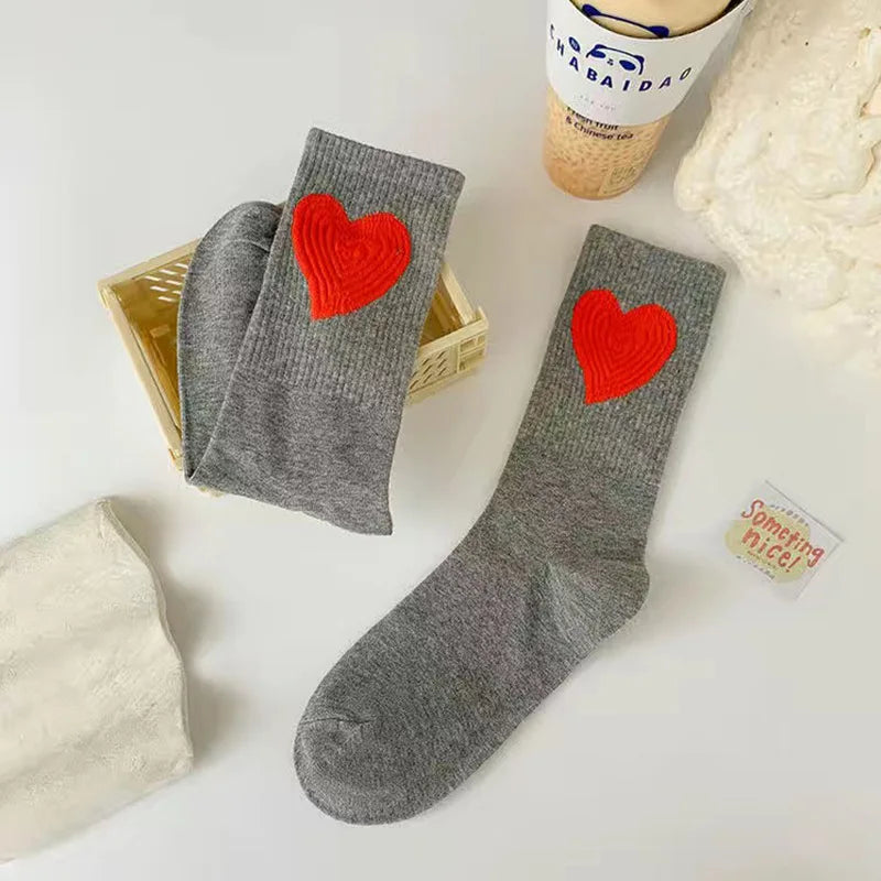 New Women Socks Cute Love With Heart Print Sock Cotton Harajuku Vintage Happy Female Dots Heart Kawaii Sox White Pink Crew Sock