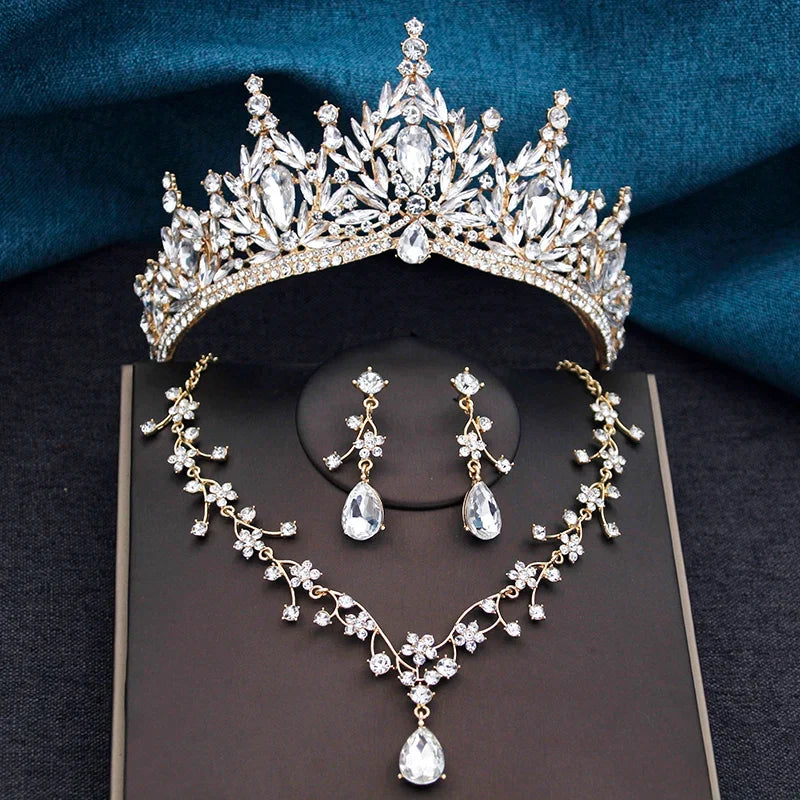 Baroque Wedding Crown for Bride 3-Pack Tiara Earrings Necklace Bridal