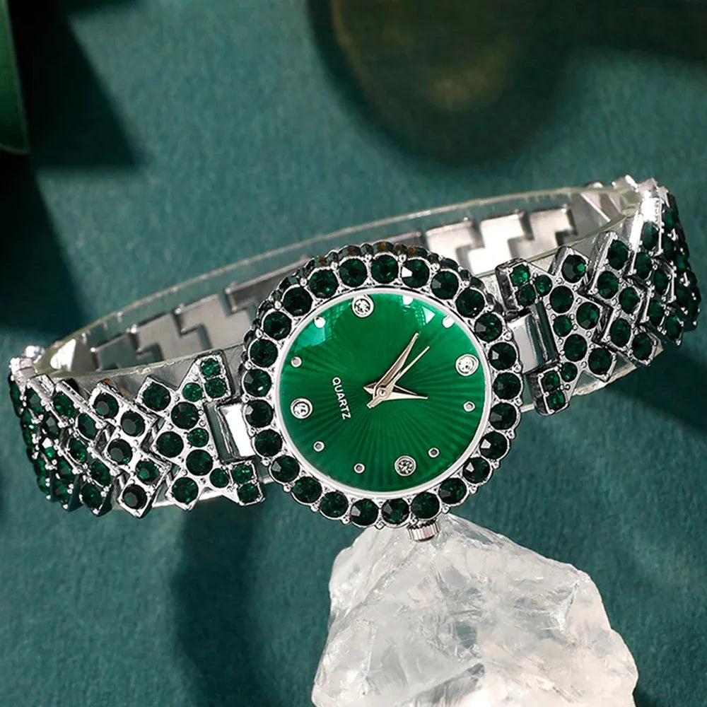 Women Fashion Watches Heart Rhinestone, Ring ,Necklace ,Earring  Jewelry Set.