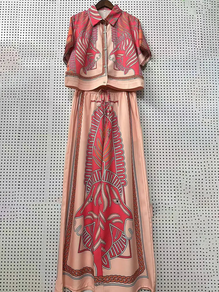 2026 Summer New Fashion Women's Print Suit Lapel Short Sleeve Short Waist Shirt + Elastic Waist Straight Trousers Two-Piece