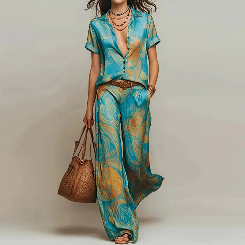 Vintage Printed Two Piece Suits Women Glossy V Neck Pocket Short Sleeve Tops & Wide Leg Trousers Sets Chic Holiday Travel Outfit