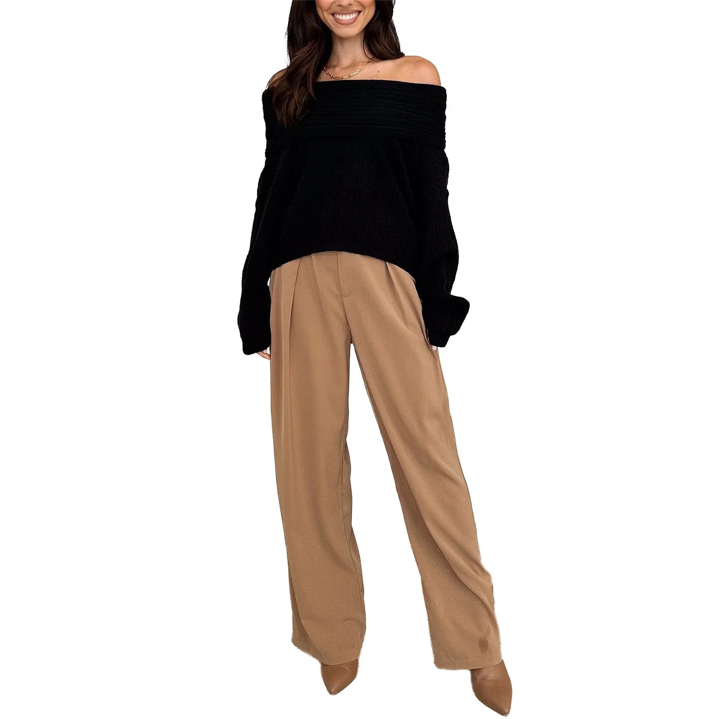 Women s Off Shoulder Sweaters Long Sleeve Solid Color Pullovers Ribbed Knit Tops