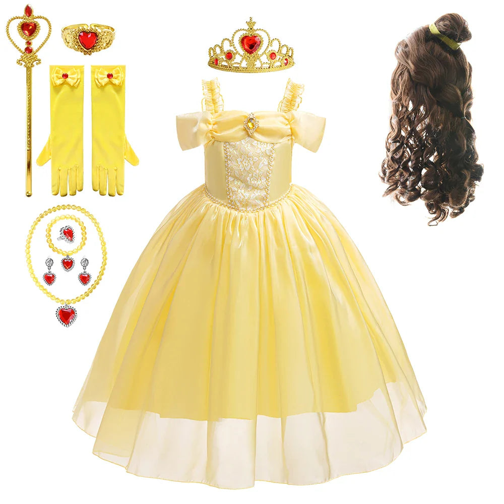 Halloween Girls Princess Belle Dress Up Evening Party Yellow Shoulderless Elegant Long Dresses Beauty Beast Fairy Costume Wig