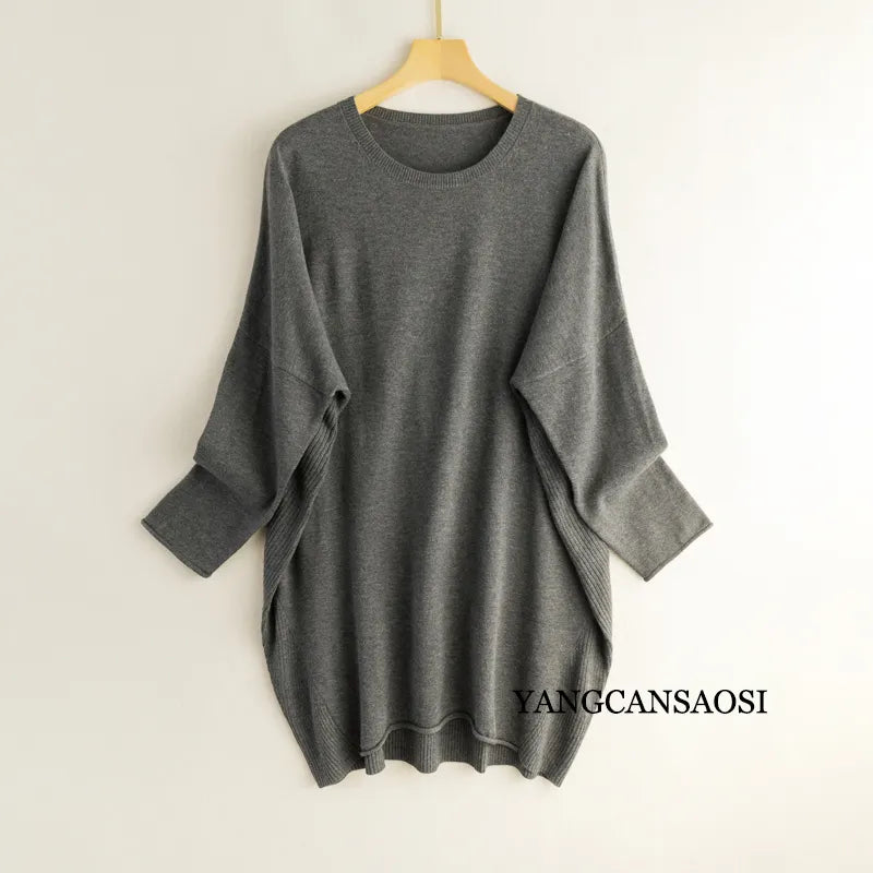Silk Cashmere Sweater Women's Mulberry Silk Round Neck Solid Color Bottomed Shirt Top Medium Long Batwing Sleeve Loose Sweater