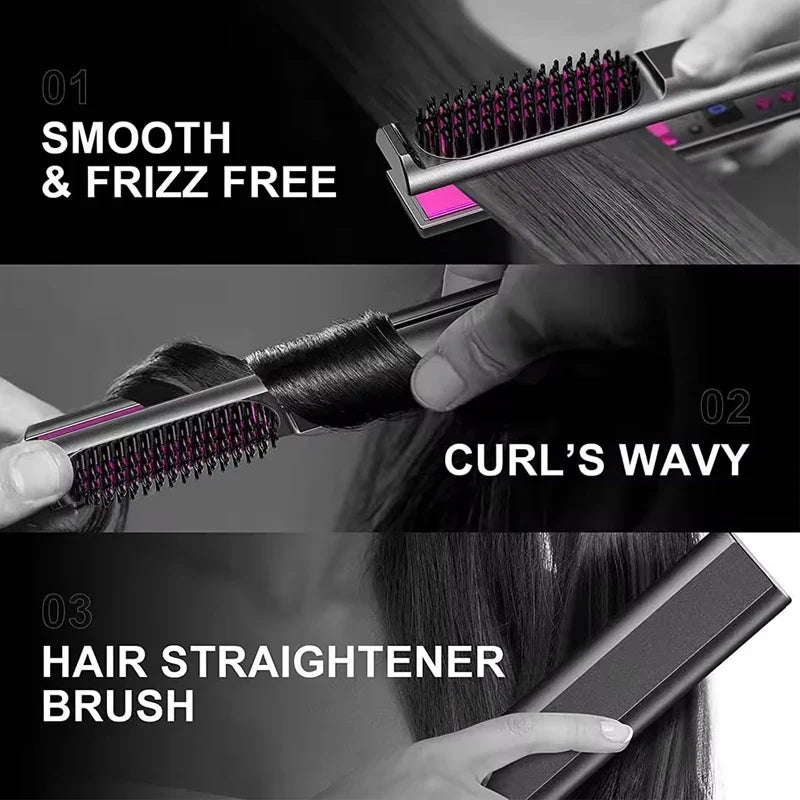 2 in 1 Hair Straightener Multifunctional Curling & Straightening Brush Ceramic Hot Comb Generator Helps Reduce Frizz Salon Tools