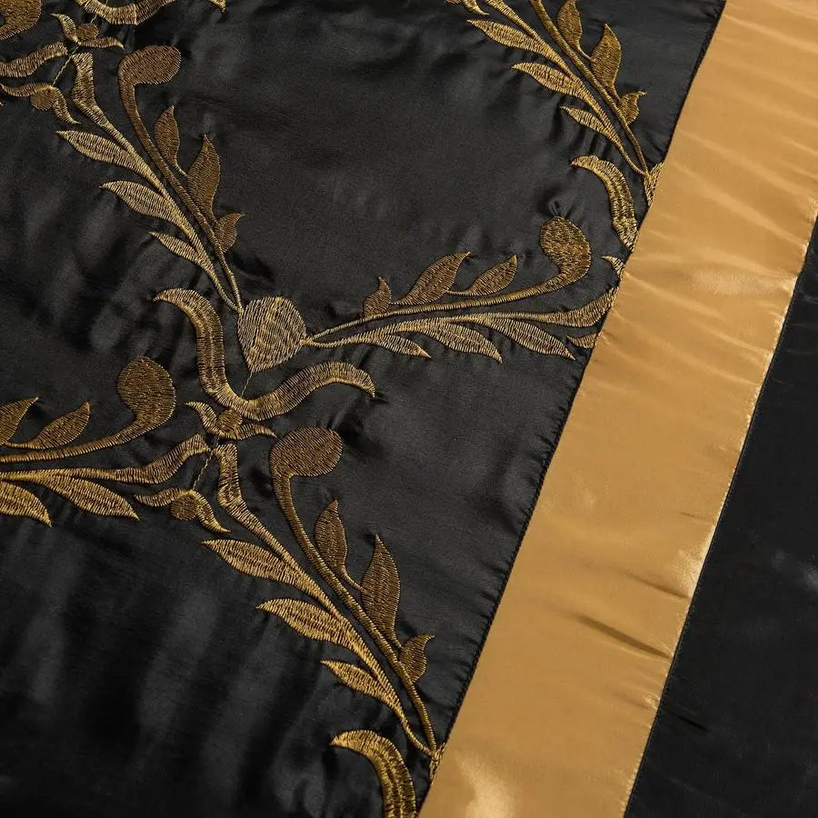 7 Piece Bed in A Bag Comforter Set, Queen Black and Gold Faux Silk Fabric Embroidered, Breathable and Wrinkle Resistant.