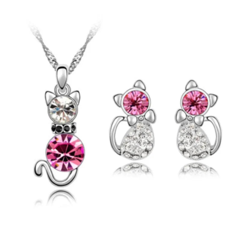 Crystal cute cat catty pendant necklace earrings quality charm lover gift fashion jewelry set birthday summer party dropshipping