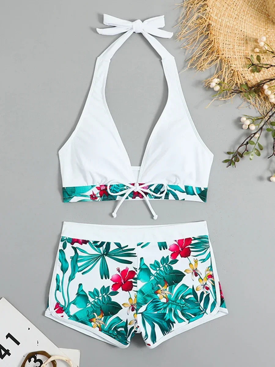 Fashion Printed Swimsuit Women Spliced Lace Up Sporty Surfing Bikini Set Bathing Suit Beachwear Swimwear Female Swimming Suits