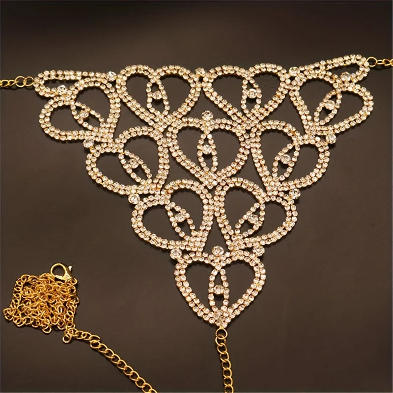 Bohemian rhinestone plaid chest chain and Thong jewelry underwear women's shoulder straps 2024 new bra sexy mesh body
