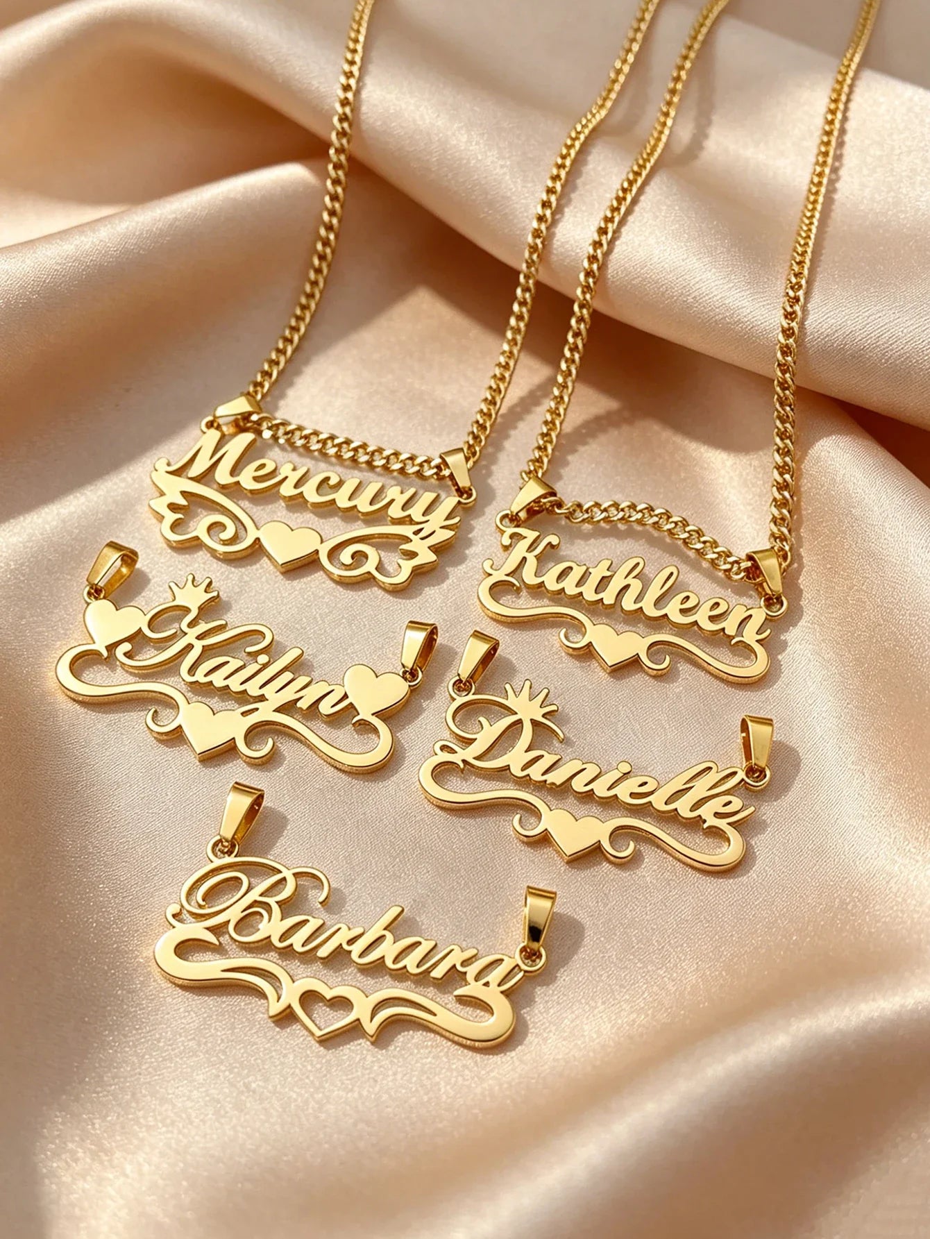 Personalized custom name jewelry necklace, featuring 5 different styles, crafted from 18k gold stainless steel, perfect for ever