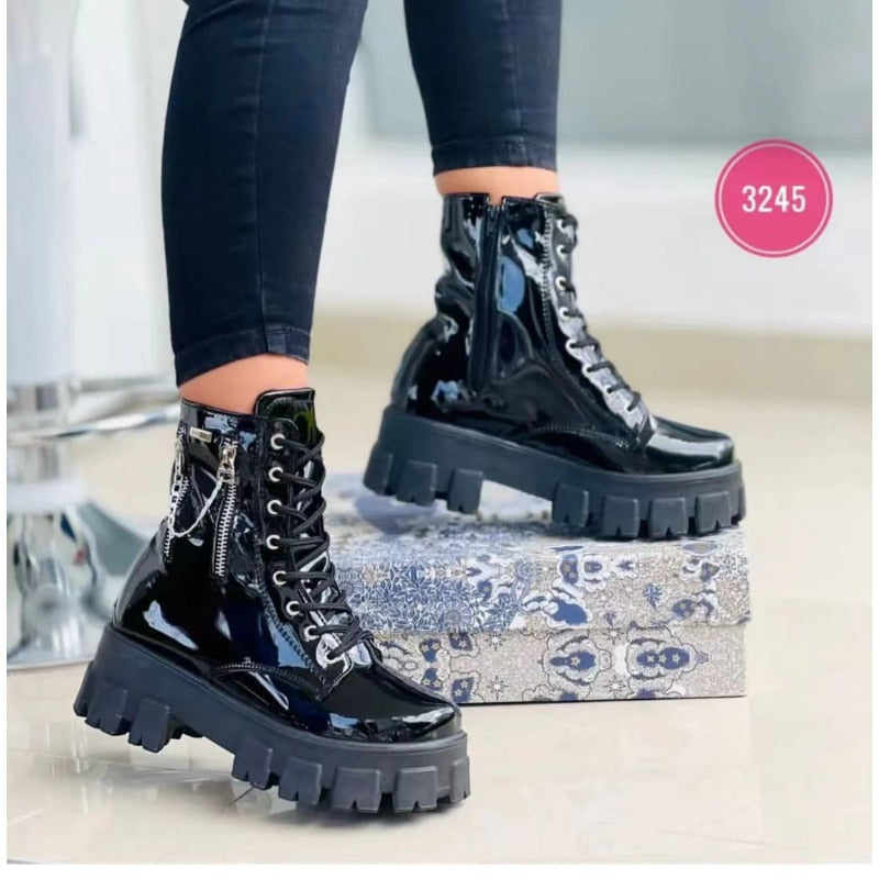 Winter Trend Women's Boots Patent Leather Zipper Warm Punk Gothic Combat Boots Lace Up Sports Casual Thick Sole Biker Boots