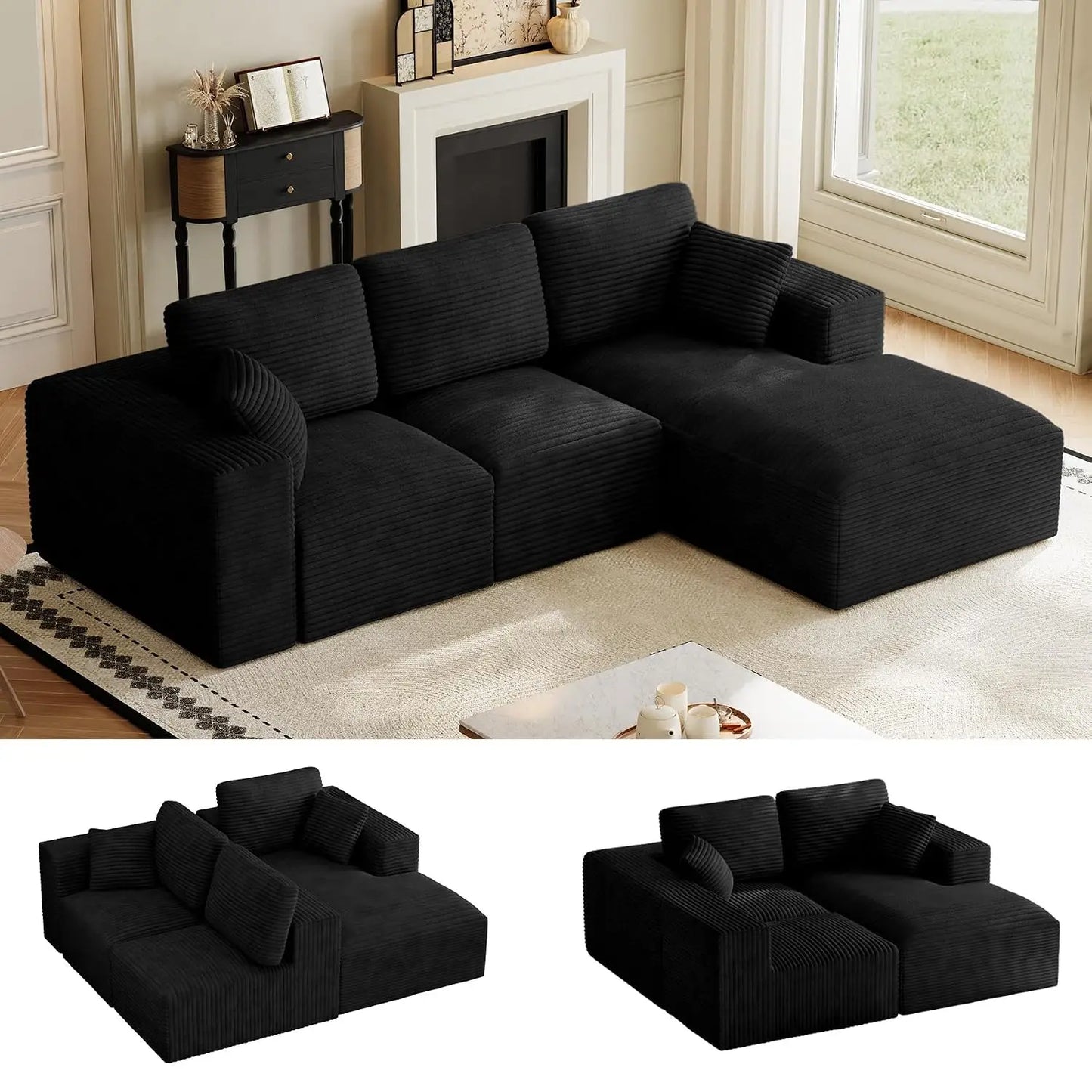 109" L-Shaped Cloud Boneless Couch Sofa with Chaise, Black, Custom