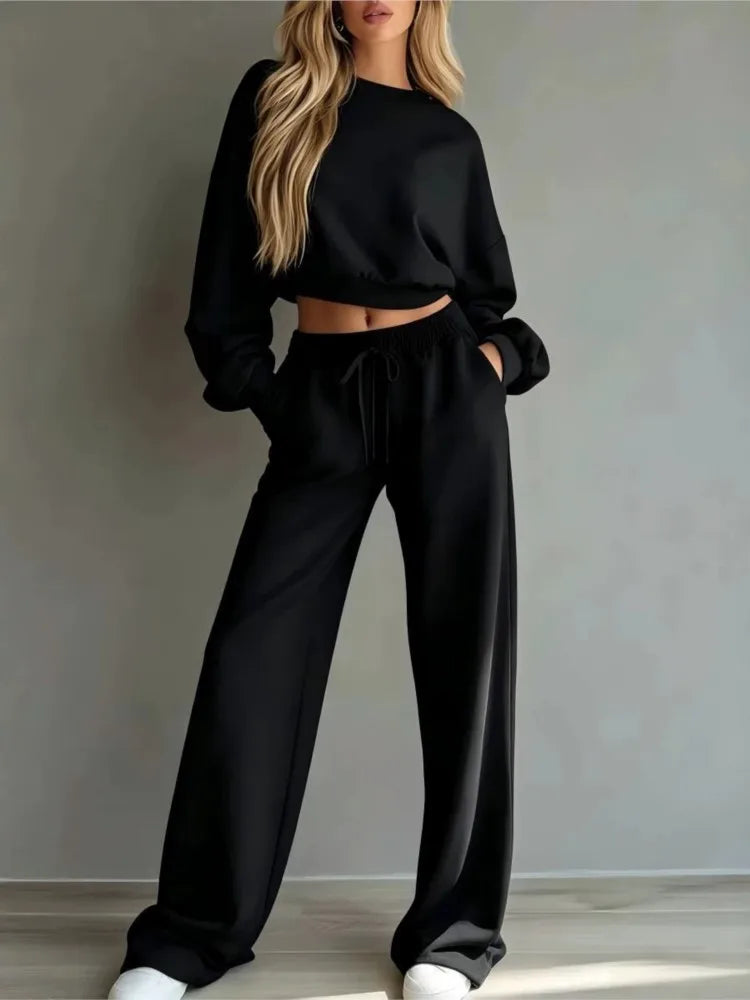 Autumn New Casual O Neck Long-sleeved Ultra-short Sweatshirt Trousers 2piece Set Women Fashion Casual Female Sports Trousers Set