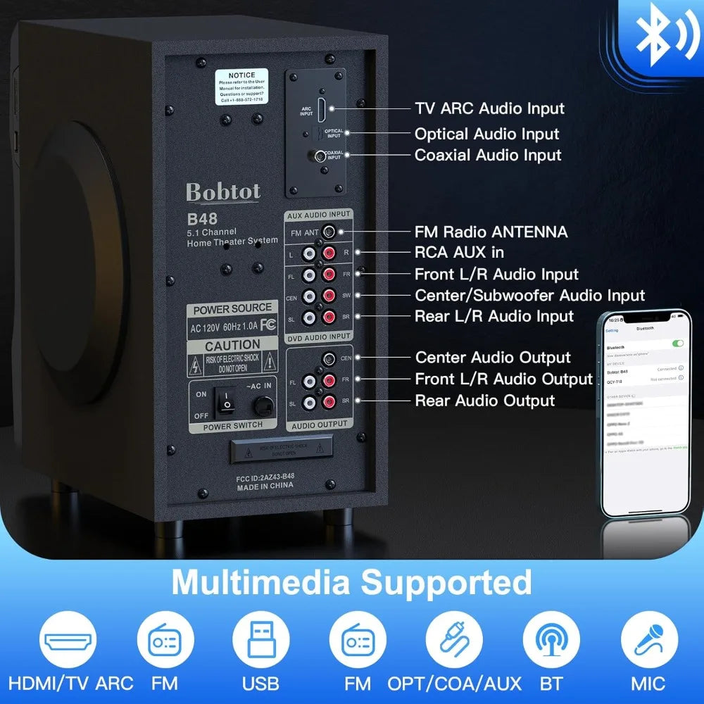 Surround Sound Speakers Home Theater Systems - 700 Watts Peak Power, 5.1/2.1Wired Stereo Speaker System, 5.25" Subwoofer Strong Bass.